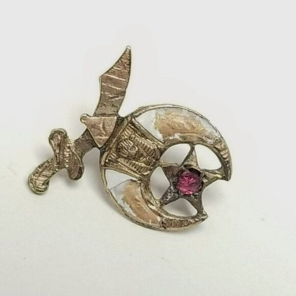 Vintage Shriners Gold Tone Lapel Pin Enamel Pink Rhinestone, Men's Masonic - Picture 1 of 6